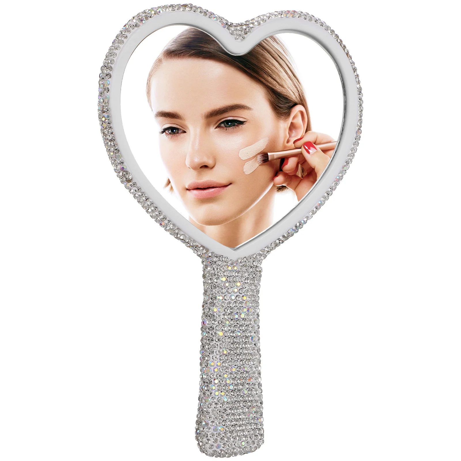 Heart Shape Rhinestone Bling Mirror Single Sided Handheld Portable Travel Makeup Vanity Mirror Handheld Vanity Mirror,