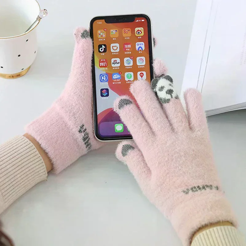 1Pair Women Warm Winter Touch Screen Gloves Stretch Knit Mittens Wool Full Finger Female Crochet Glove