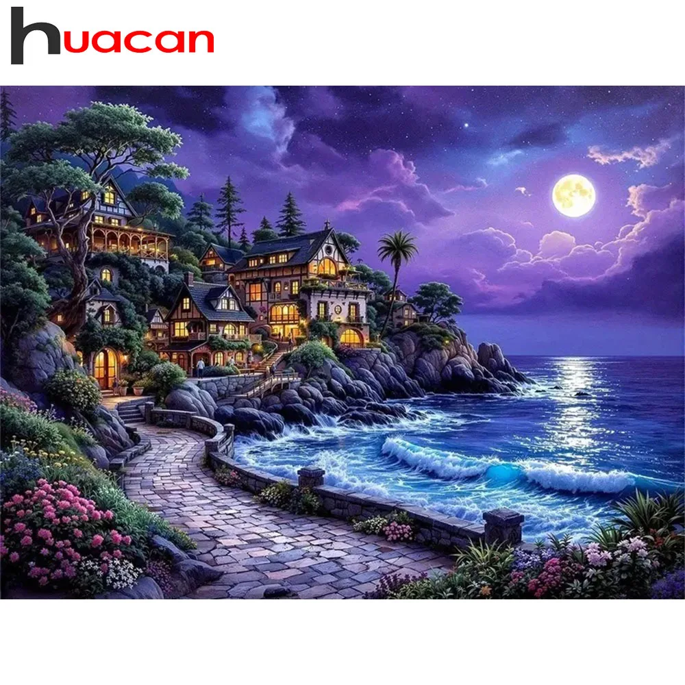Huacan 5D-Diamantgemälde zum Selbermachen, Meer, Nachtlandschaft, voller Bohrer, Stickerei, Kreuzstich-Set, Kunst, Heimdekoration, Geschenk