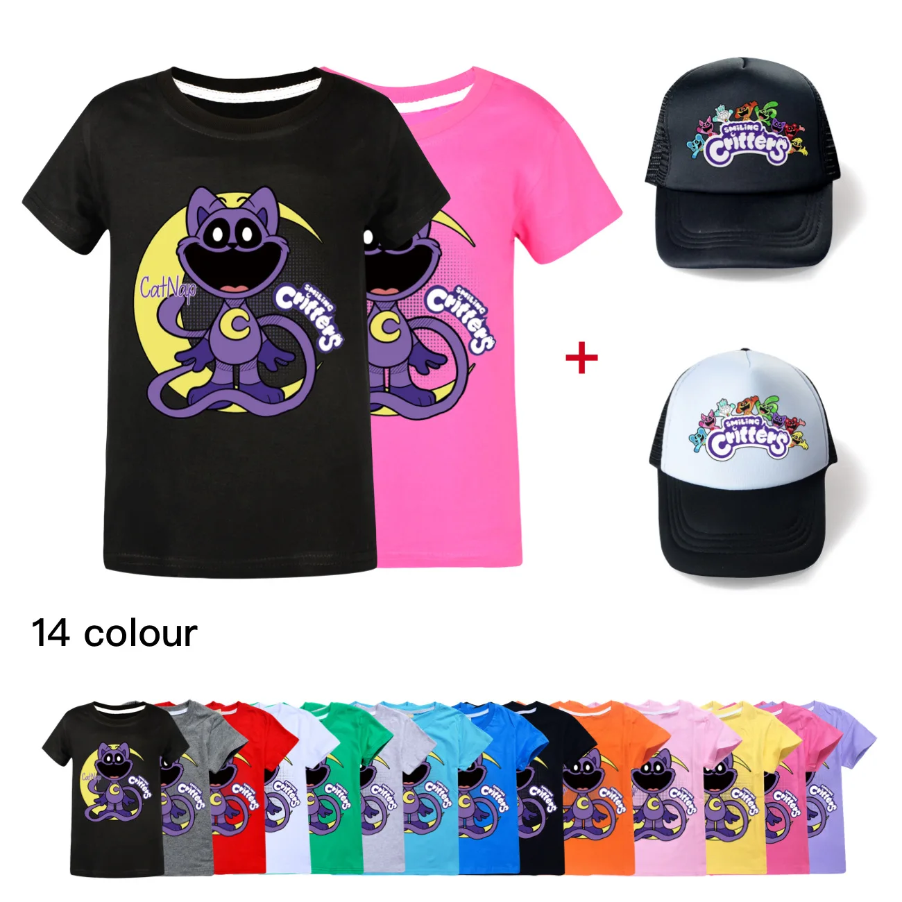 

Smiling Critters Boy Girl TShirt Summer Casual Comfortable Short Sleeve Tops +Hat 2-16Y Cartoon Gabby Cats Kids Cotton T Shirt