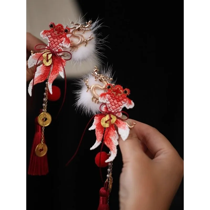 Chinese New Year Red Koi Fish Hair Clip Cute for Kids Girls Twin Tails Hairstyle Ancient Lolita Style Tassel Lucky Charm Gift view 5
