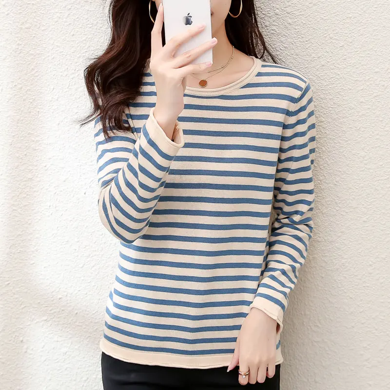 2023 Autumn Winter 100% cotton Sweater O-Neck Pullover Women\'s Striped Casual Long-sleeved Loose Knitted Sweater