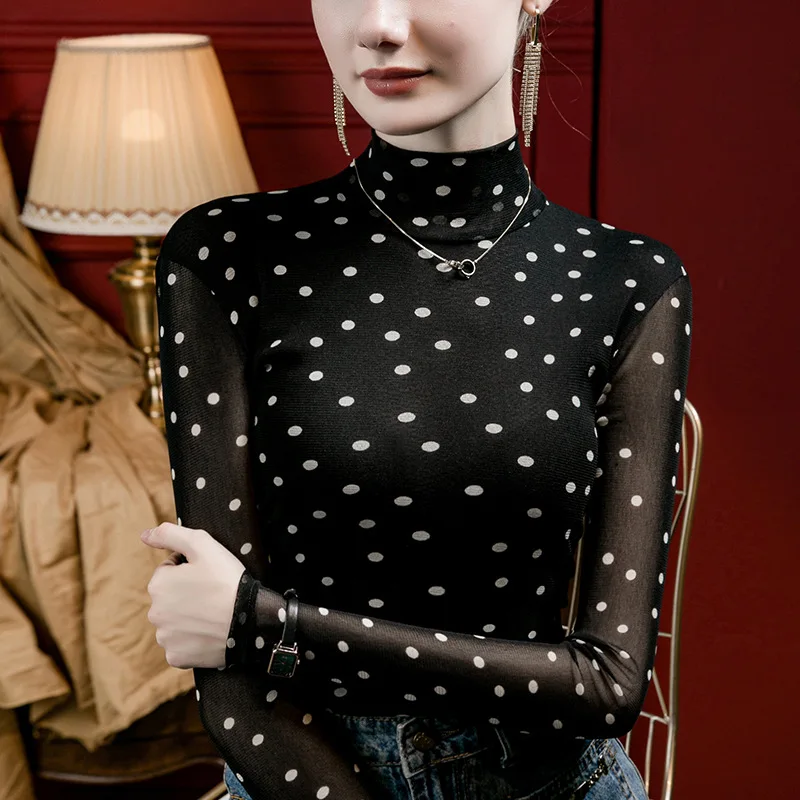 البولكا نقطة شبكة الياقة المدورة للنساء سليم صالح شير بلوزة ربيع الخريف طبقات تي شيرت مطبوعة المجهزة قاعدة طبقة #4