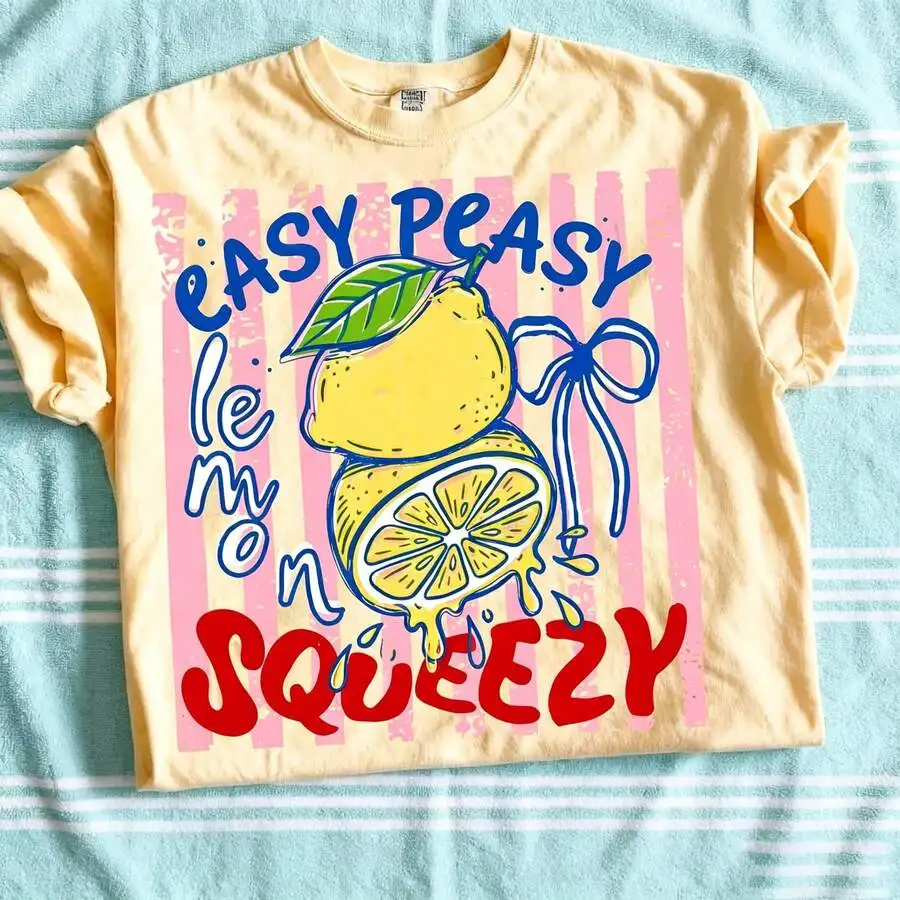 Women's Preppy Graphic Tee Easy Peasy Lemon Squeezy Lemon Bow Print Short Sleeve Casual Top For Coastal Beach Vacation Summer Fruit Lover Gift Idea