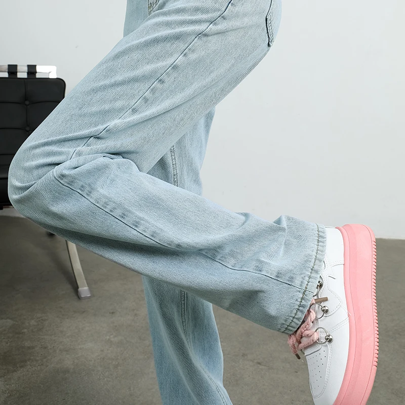 OUSSYU Brand Woman Jeans High Waist Wide Leg Cotton Denim Clothing Blue White Streetwear Vintage Fashion Harajuku Straight Pants