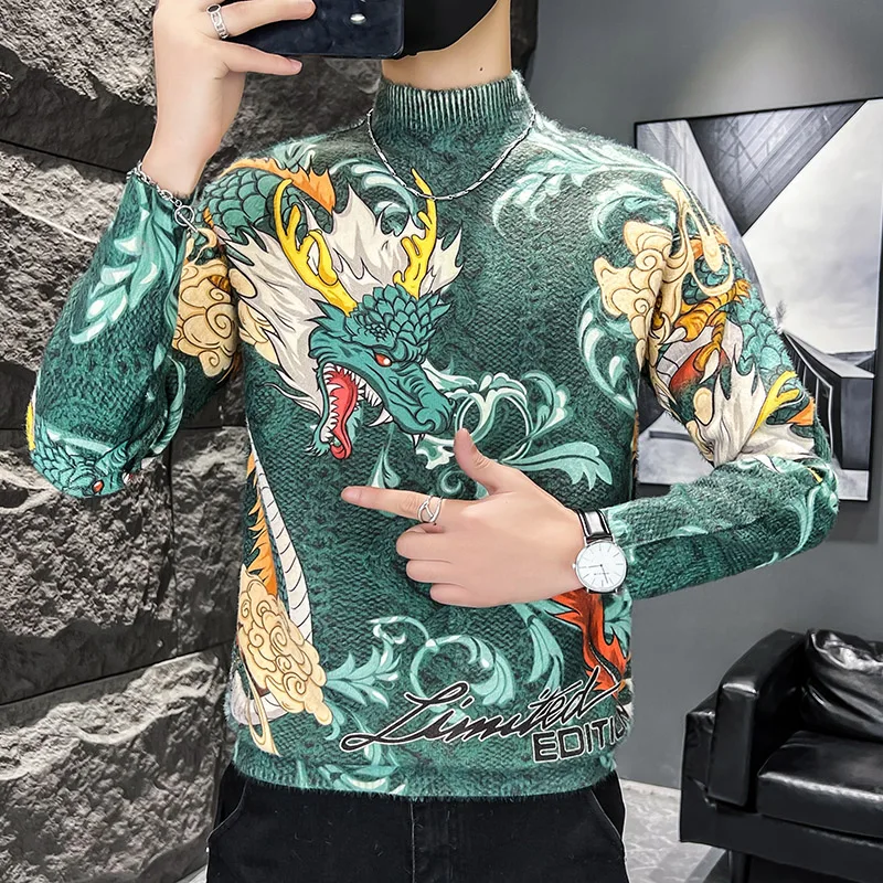 Chinese Style Knitted Men Sweater Dragon 3D Print Vintage Casual Winter New Quality Soft Comfortable Pullovers Sueters De Hombre