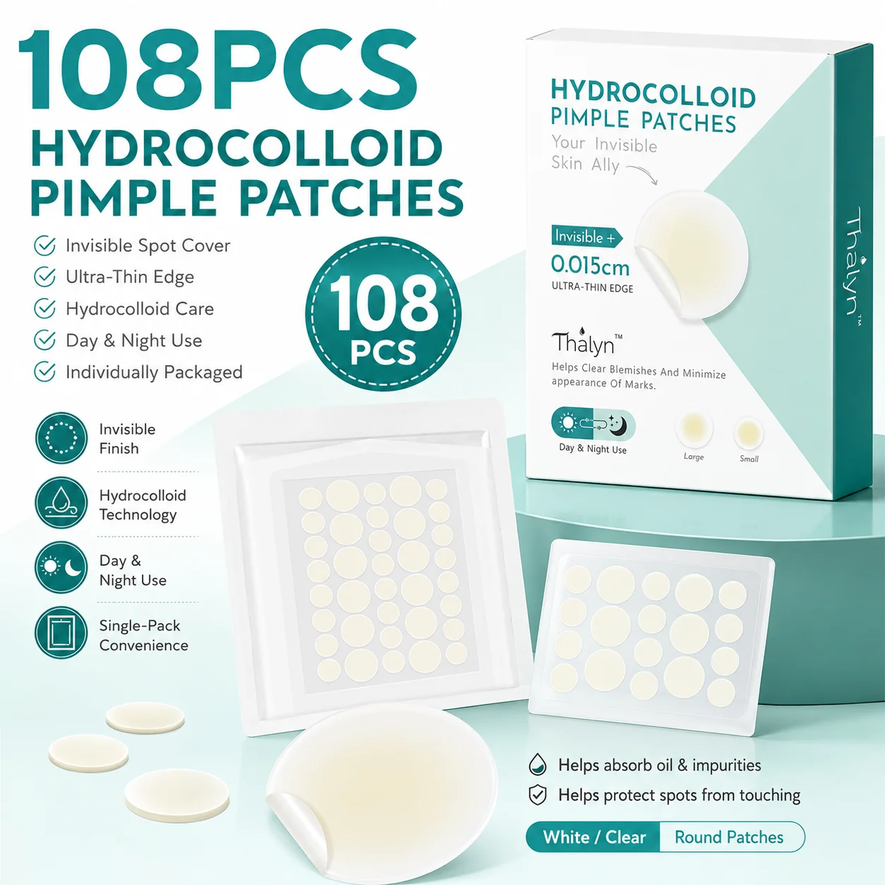 108PCS Salicylic Acid Hydrocolloid Acne Patches White Pimple Stickers Individually Wrapped Blemish Cover