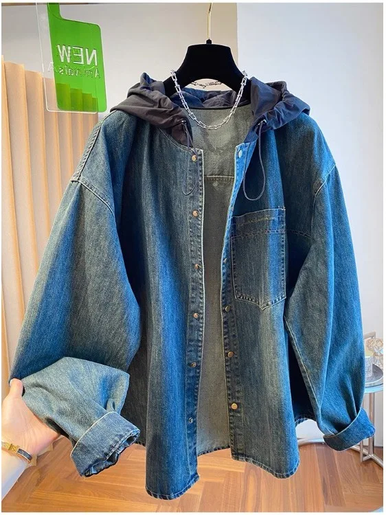 

Loose Oversized Denim Hoodie Shirt Women's Spring 2026 Casual Long Sleeve Button up Top Fashionable Versatile Female Outerwear