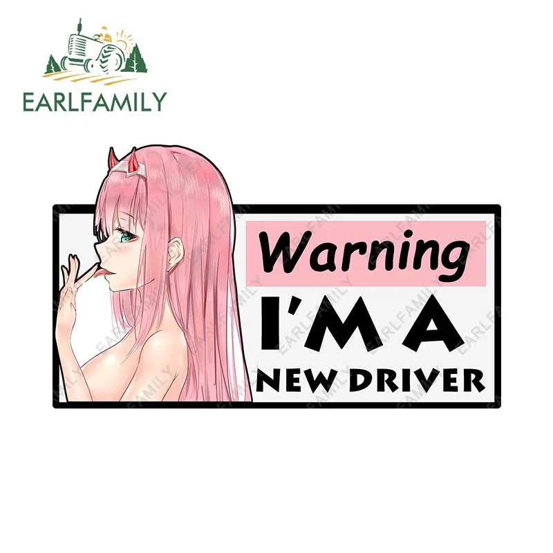 

EARLFAMILY 20cm x 11.8cm for Zero Two New Driver Warning Anime Car Stickers Funny Windows Windshield Trunk Waterproof Decals