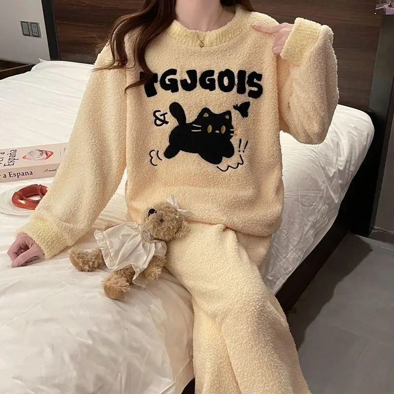

Little Cat Sleepwear Women's Autumn and Winter Thick Warm Coral Velvet Japanese Cartoon Outerwear Home Furnishing Set Sleep