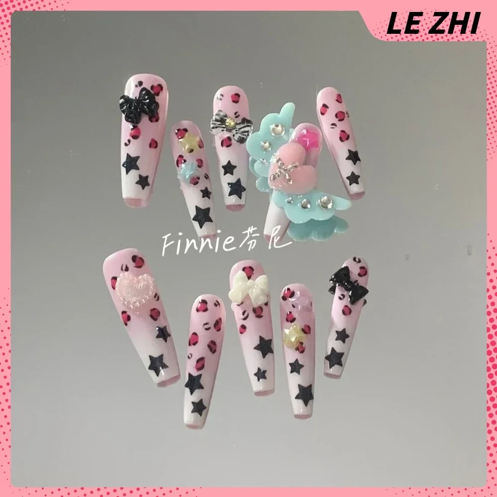 Y2K Spice Girls Long Tip Fake Nails Kawaii 3D Bowknot Camellia Glitter Diamond Reusable Full Cover Nails Holiday Gift