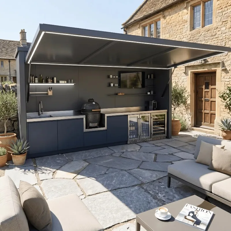 Weatherproof Outdoor Kitchen Station with Protective Shed, American Style Metallic Texture Stainless Steel BBQ Grill