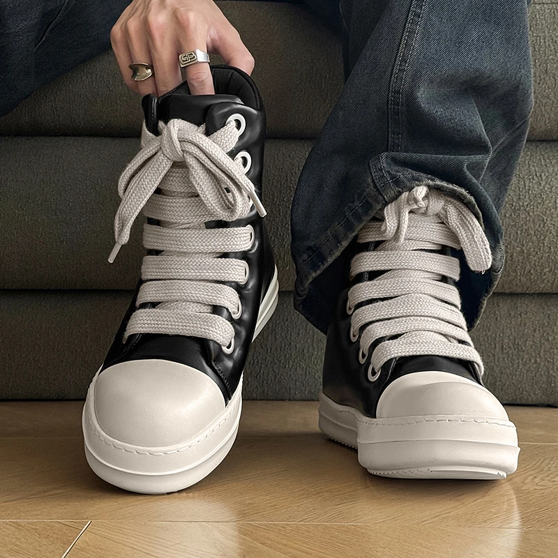 Men New High Top Board Shoe Big Head Thick Rope Flat Bottom Breathable European and American Super Cool PersonalizedCasual Shoes