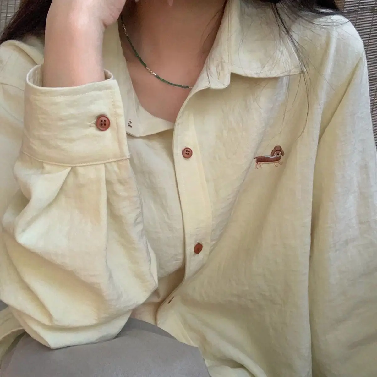 

Embroidered Lazy Style Shirt Casual Loose Long Sleeve Blouse