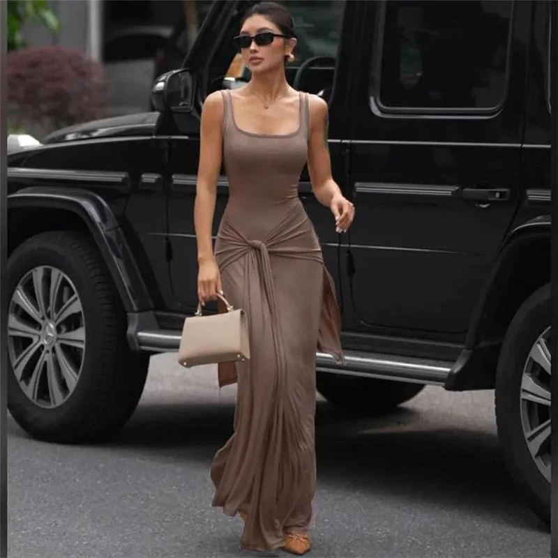 Vestido de Verano Elegante para Mujer, Cuello Cuadrado, Escote Bajo, Cintura Alta, Estilo Sólido, para Oficina