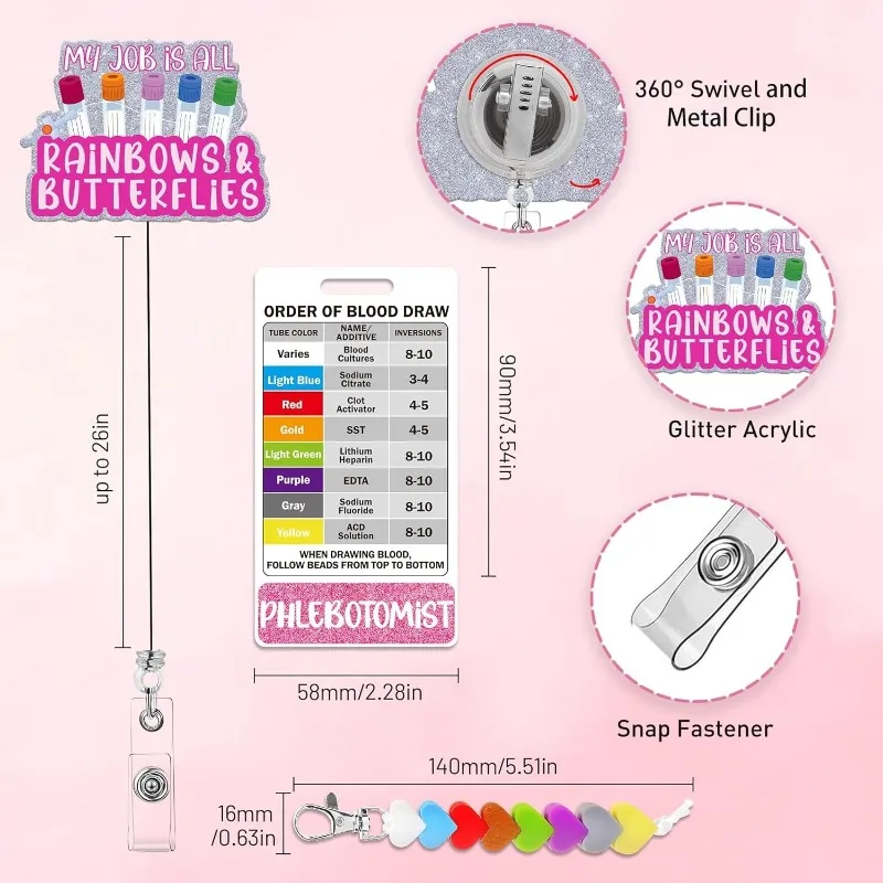 Nurse Phlebotomy Order Card with Retractable ID Badge Reel Heart Keychain Lanyard for Lab Draw Sequence Medical Accessory