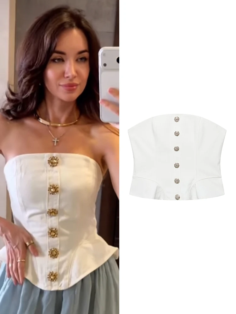 Summer Women White Top Front Button Decoration Elegant Corset Strapless Top Female  Fashion Slim Off Shoulder Female Chic Top
