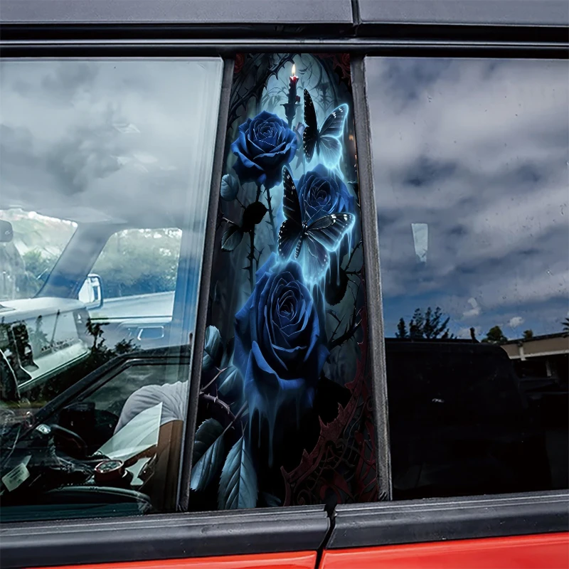 

2pcs Car Center Pillar Window Film Blue Roses & Glowing Butterflies Glossy protective polyethylene film