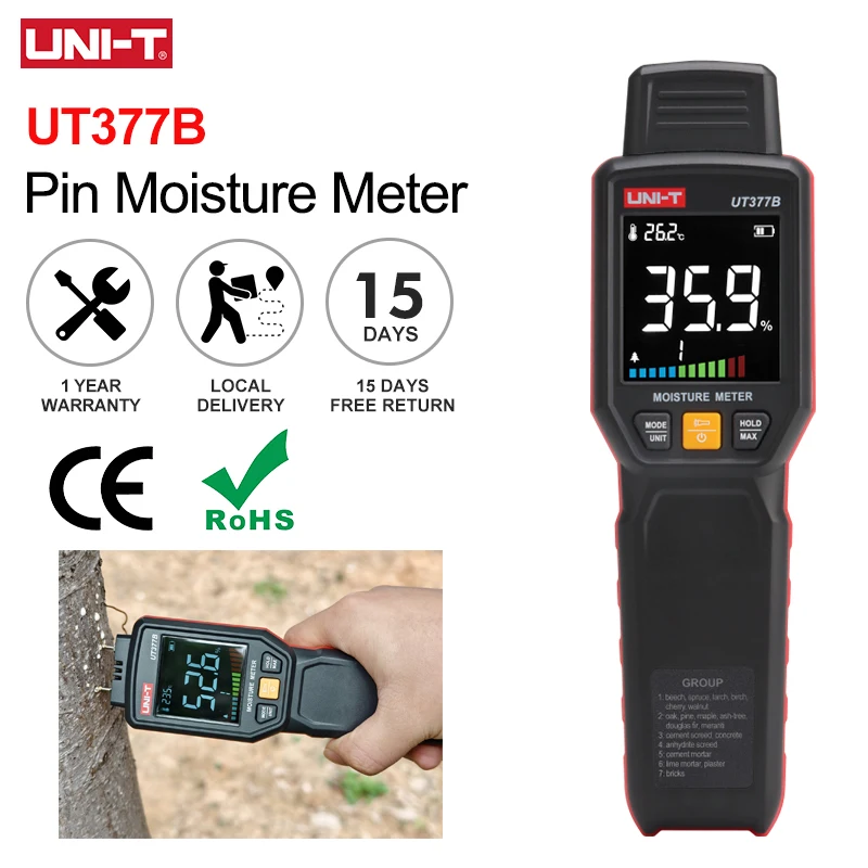 

UNI-T UT377B Pin Moisture Meter Wood Humidity Tester Wood and Building Materials Measurement Timber Damp Detector LED Flashlight