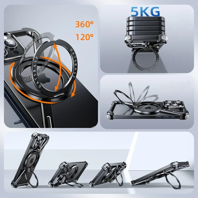 Oatsbasf Z Shape Metal MagsafePhone Case for iPhone13 14 15 Pro Max Plus Magnetic Bumper w/ 360° Rotation Holder Protective Case