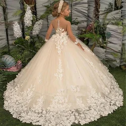 Elegance Flower Girl Dress Three Quartersleeve Appliqué Children Wedding Party Gowns New Kids Clothes Princess First Communion