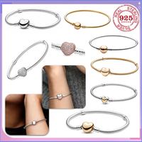 HOT SALE Original Fine Jewelry 925% Sterling Silver Heart-shaped circle Smooth Snake Bone Charm Bracelet for Women Holiday Gift