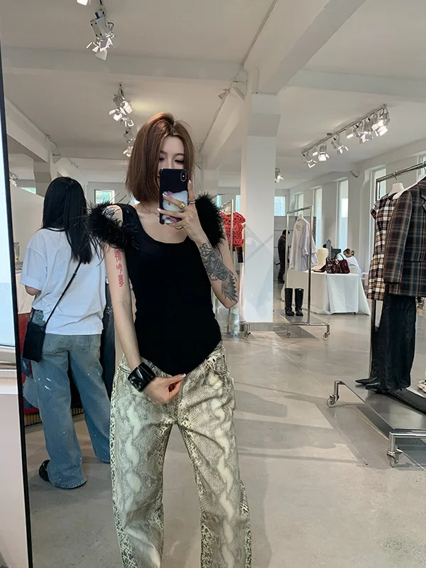 

Fashionable Retro Snake Print Washed Denim Long Pants Straight Leg Jeans Women's Premium Quality Summer Season Straight Pants