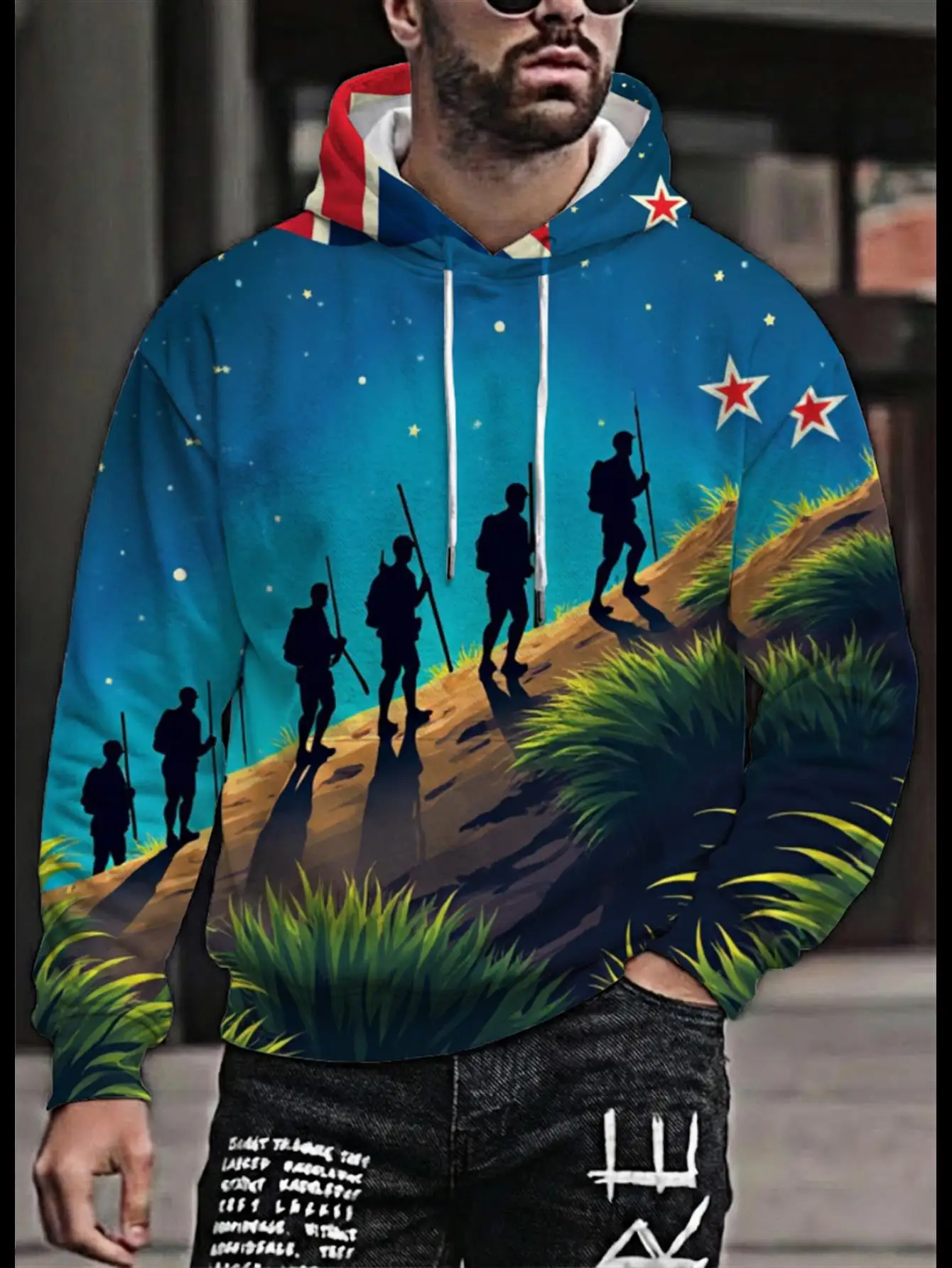 Sudadera con capucha y cordón para hombre, con estampado de silueta de montañero estrellado, informal, para exteriores, con bolsillos