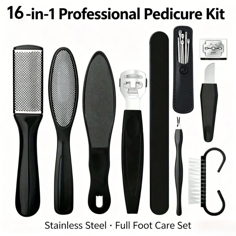 Ensemble de 16 pièces pour le soin des pieds en acier inoxydable, lime à pieds et outils pour éliminer les callosités et les peaux mortes, kit de toilettage des pieds pratique et portable.