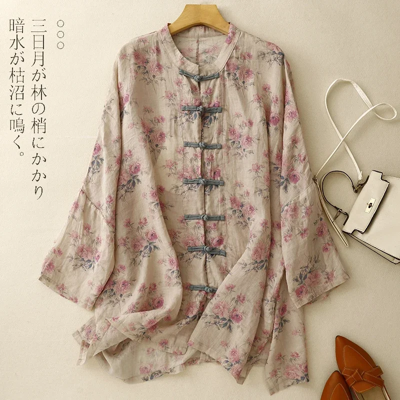 Cotton Linen Vintage Women\'s Shirt Summer Printed Clothing Sales Loose Long Sleeve Korean Tops Chinese Style Women Blouses