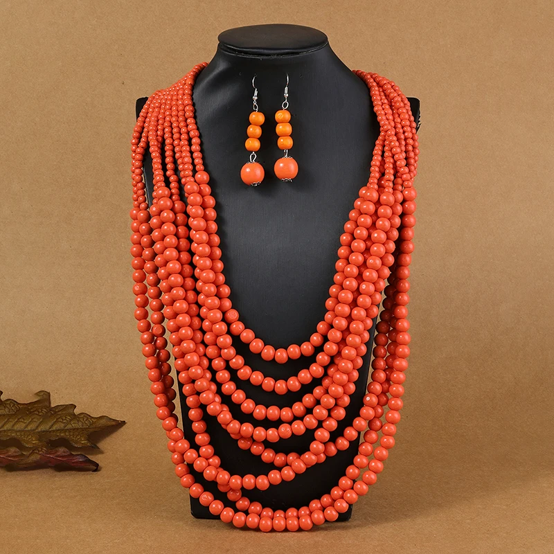 1SET African Style Multi-Layer Wooden Bead Jewelry Set Chokers Necklace Colorful Bohemian Necklace Earrings Set Party Jewelry