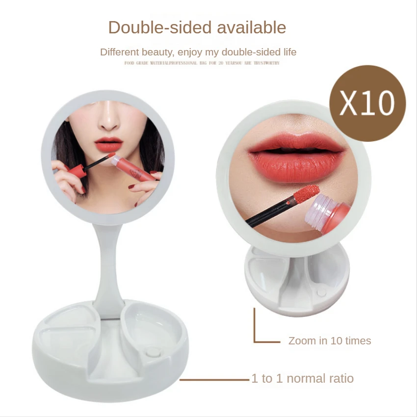 Portable Foldable Makeup Mirror with LED Lights, Double-Sided Magnifying and Dimmable Ring Light, Tabletop Vanity Mirror, Home