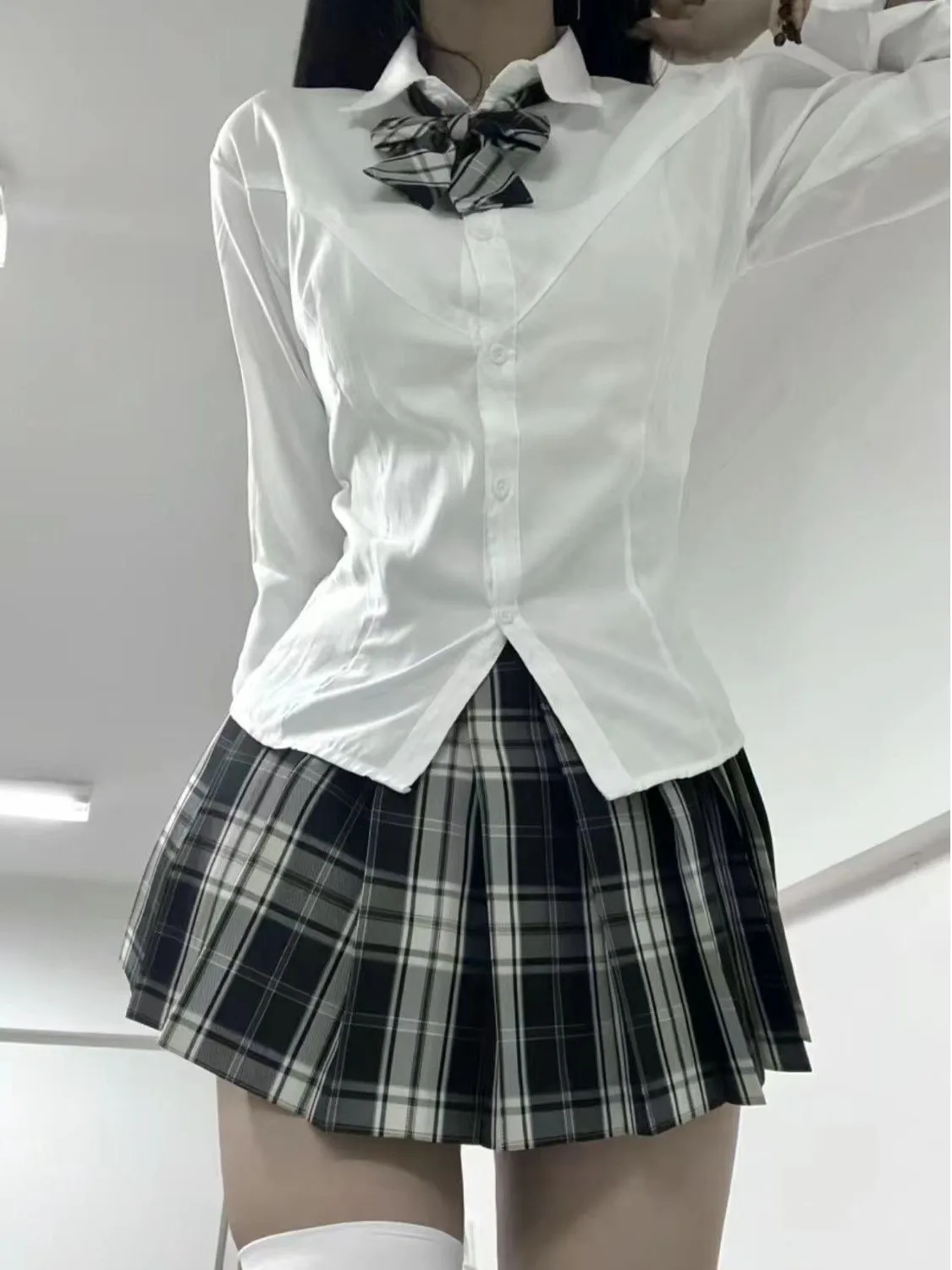 Original JK Uniform Short Grid Shirt Set Women's Waist-Cinching Blouse with Chest Pleats Half-length Skirt Three-piece Set