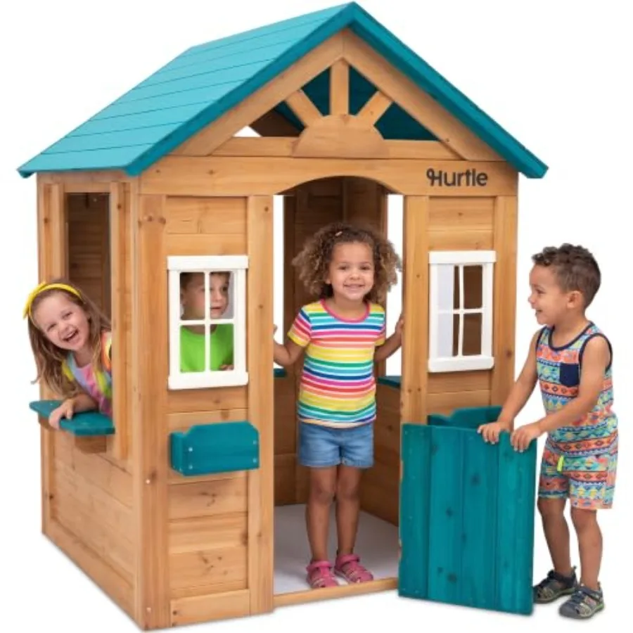 Outdoor wooden kids playhouse for ages 3-8, natural wood color, durable pine construction with snack window, flower box, and wi