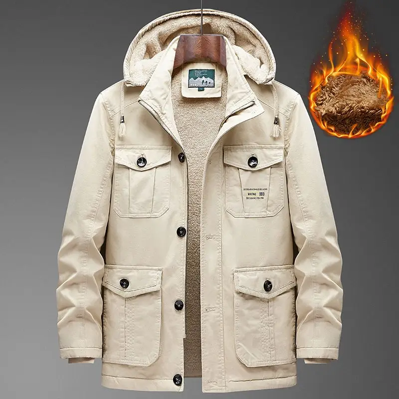 Luxury Brand Winter Men Jackets Fleece Warm Parkas Multi Pocket Cotton Coat Thick Windproof Zipper Hooded Outerwear High Quality