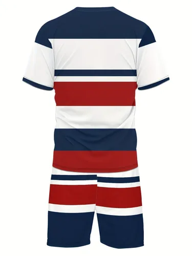 Imagen 2 del producto Conjunto de dos piezas informal para hombre, camiseta y pantalones cortos transpirables con cuello redondo y estampado empalmado, conjunto informal de dos piezas para exteriores, verano