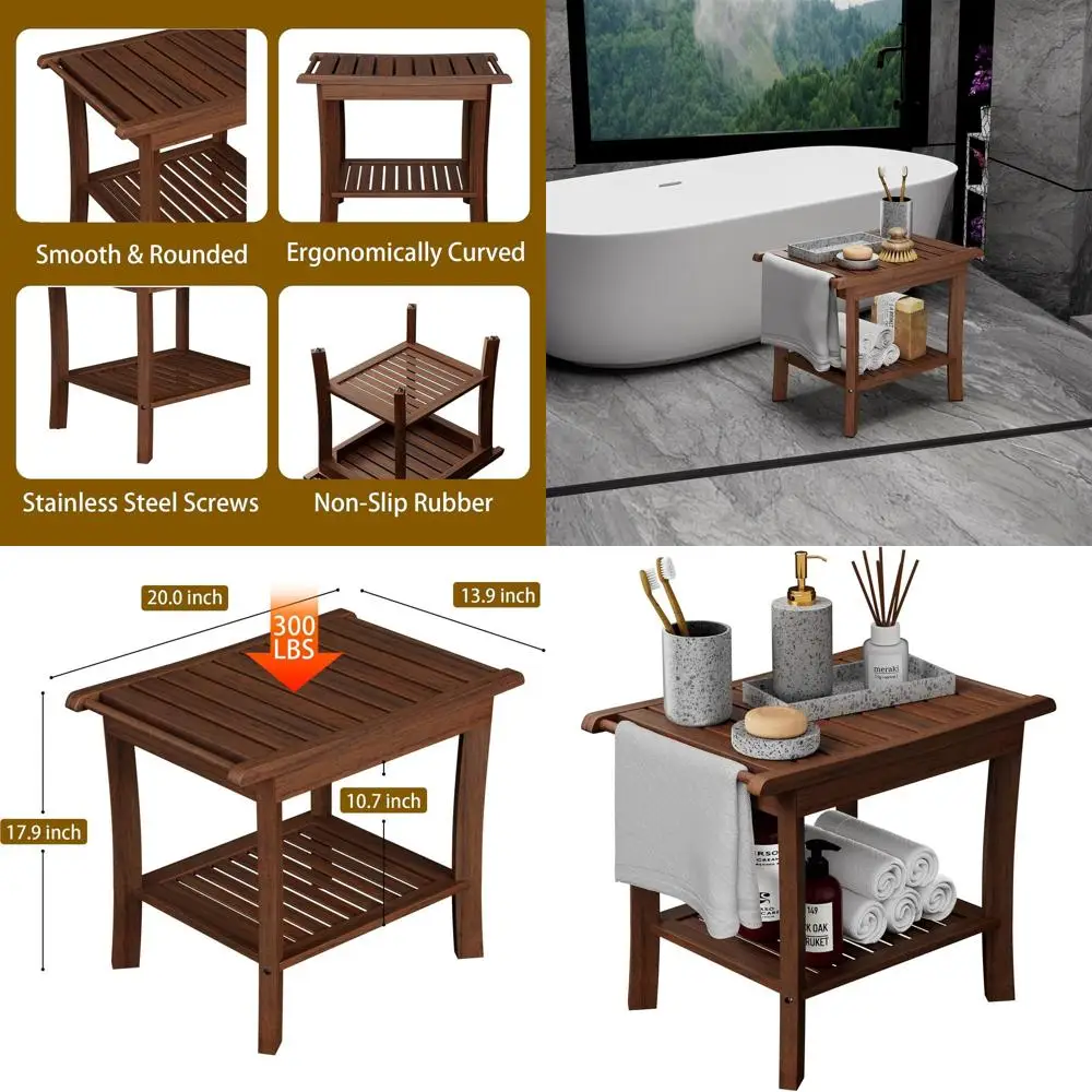 

20 Teak Shower Bench with Shelf and Handle, Non-Slip Waterproof Seat for Spa and Bathroom Storage