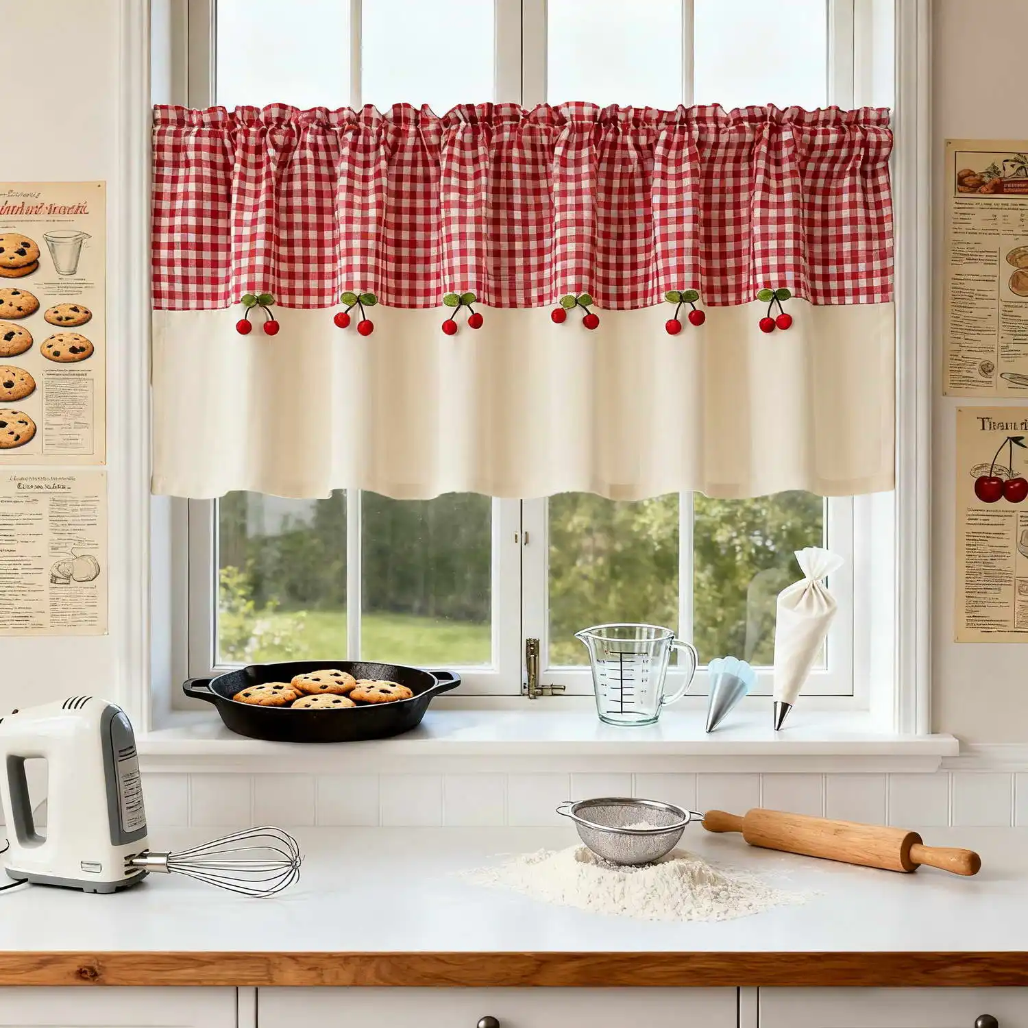 1Pc,Country Style Classic Lattice with Red Cherry Trim Splice Pure Color Short Curtain For Small Window,Chic Curtain For Kitchen