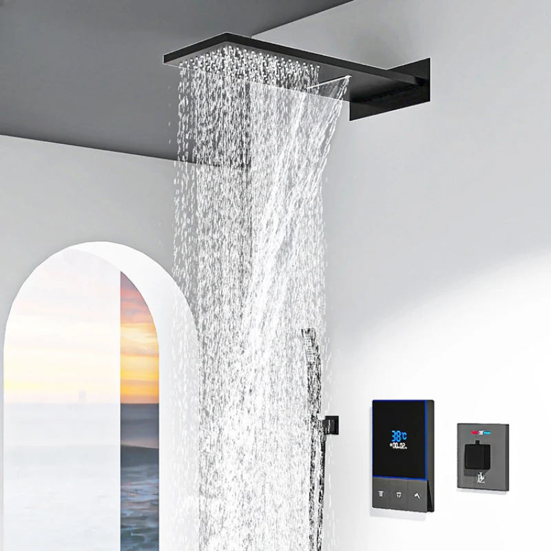 Thermostatic concealed showerhead wall mounted all copper hot melt pre embedded concealed household digital shower set