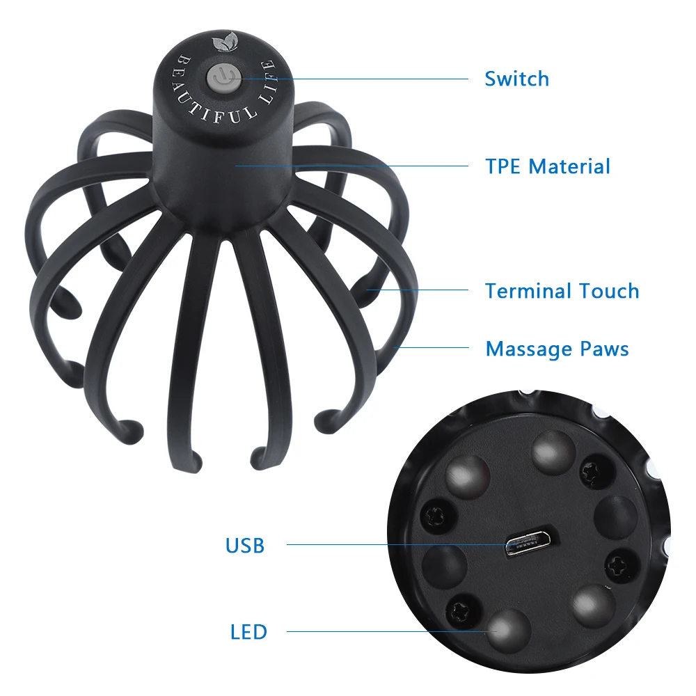 เครื่องนวดหัวไฟฟ้ามี3เกียร์12 TPE เครื่องนวดหัวอุปกรณ์ชาร์จ USB