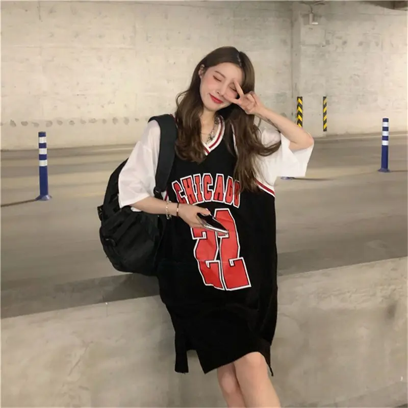 

Nice Summer Oversized Street Casual Patchwork O-neck Short Sleeve Tshirt Dress Female Trend Letter Loose Mid Length Top Thin Tee