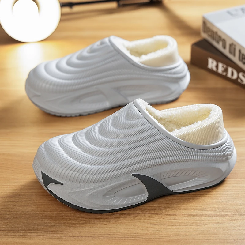 Unisex Winter Waterproof Cotton Slippers for Women Men Outdoor Indoor Non slip Home Warm Plush Slides Thick Bottom Cotton Shoes