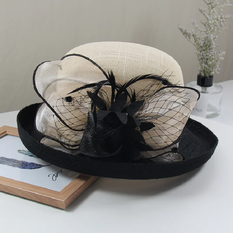 Hat women's summer linen British retro Hepburn fashion cap elegant French fashion socialite curling flower bowler hat