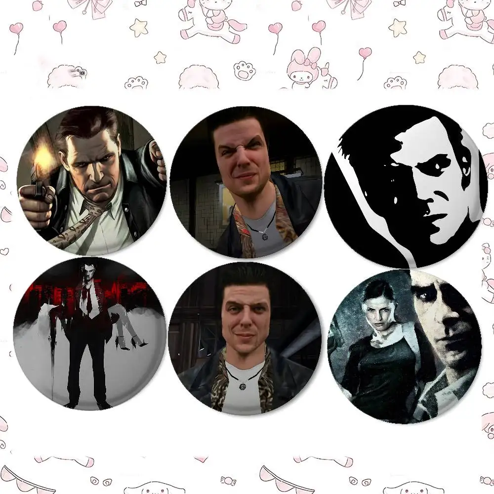 Game M-Max P-Payne Badges Peripheral Lapel Pins Tinplate Round Brooch For Shoulder Bag Accessories Souvenir Gifts