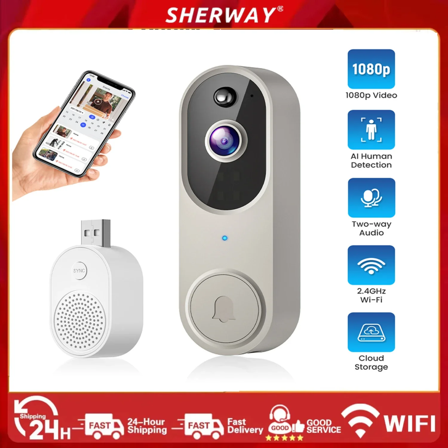 2.4GHZ WIFI video doorbell camera Intelligent intercom humanoid recognition 1080P HD night vision security smart home doorbell