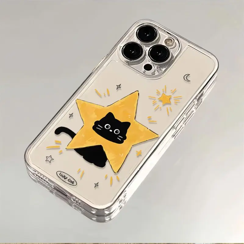 

Lucky Star Black Cat Transparent Phone Case For iPhone 16 15 11 12 14 13 Pro Max Mini X XSMax XR 7 8 Plus SE4 16e Silica Covers