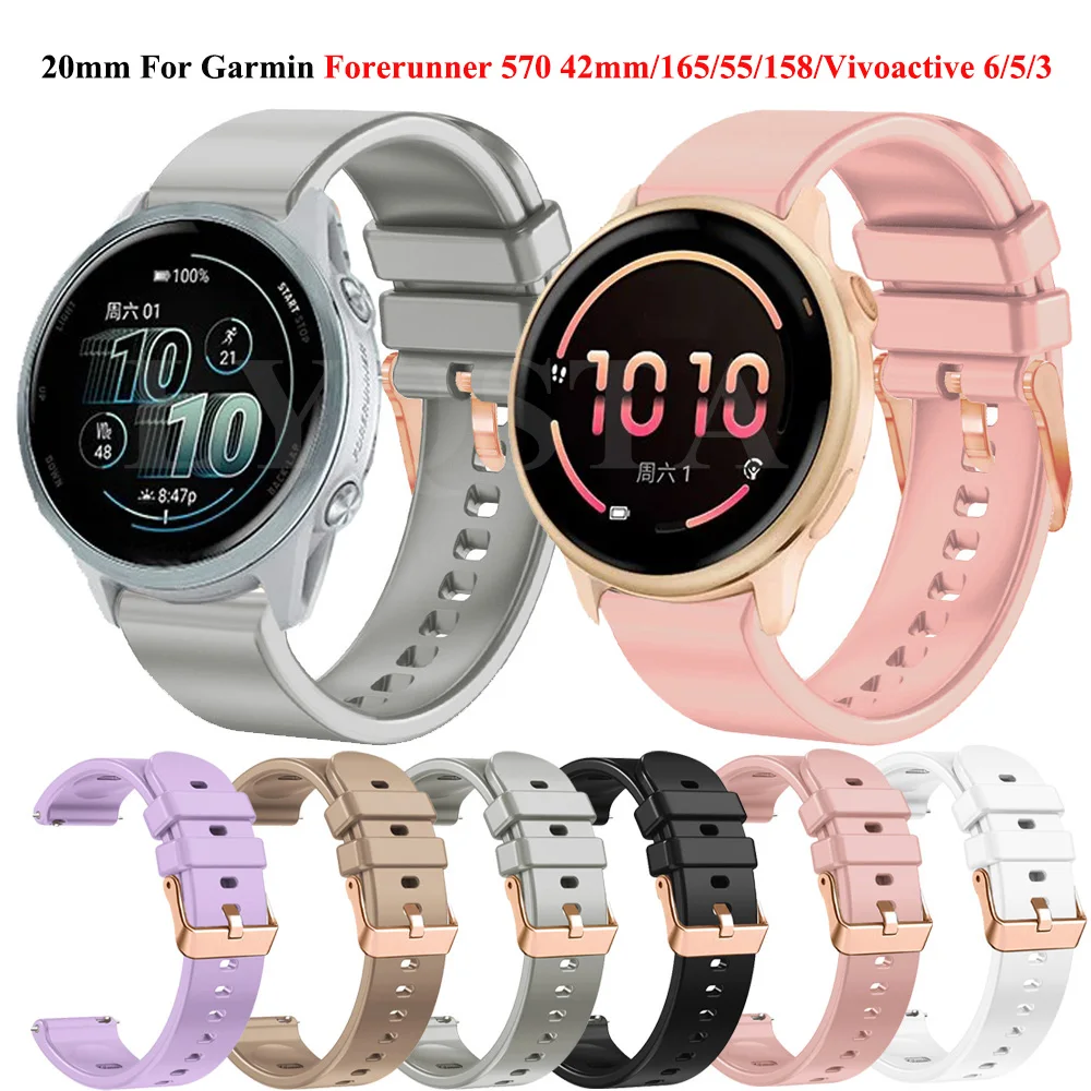 Tali Silikon 20Mm untuk Garmin Vivoactive 6/5/3 Forerunner 570 42Mm 165 158 55 245 Venu SQ 2 Plus Pengganti Gelang Gelang