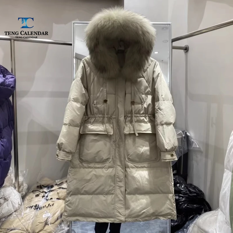 Winter Down Jacket, Medium To Long Hooded Large Fur Collar Waist Cinched Warm Jacket, Women's Winter 2025 New Style