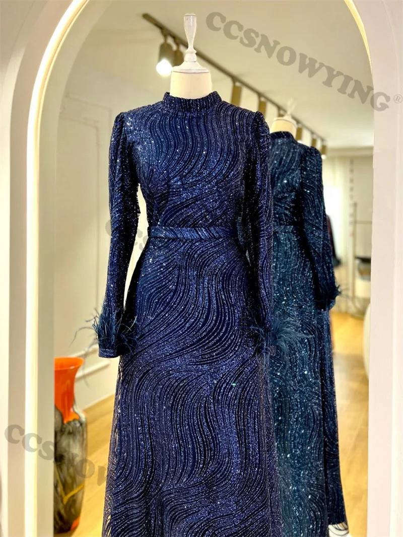 Sparkly Sequin Feather Muslim Evening Dresses Long Sleeve Islamic Women Hijab Formal Party Gown Arabic Dubai Robes De Soirée