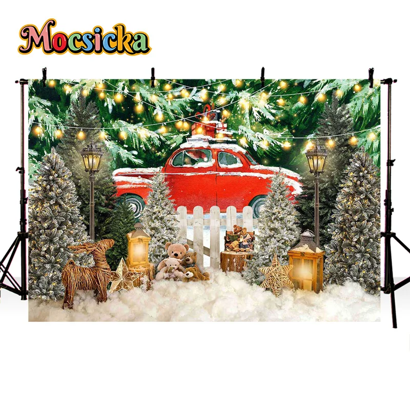 Mocsicka fondo de fotografía, decoración de nieve, árbol de Navidad, invierno, lindo, cumpleaños de niños, Banner de foto familiar, utilería de estudio